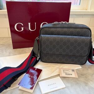 Gucci Charcoal GG Supreme Messenger Bag with Red & Navy Web Strap
